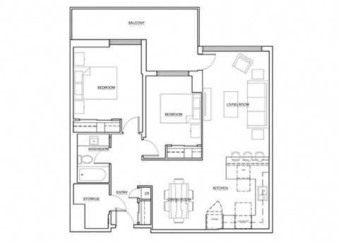 Floor plan for 2 beds, 1 bath, 834 sqft